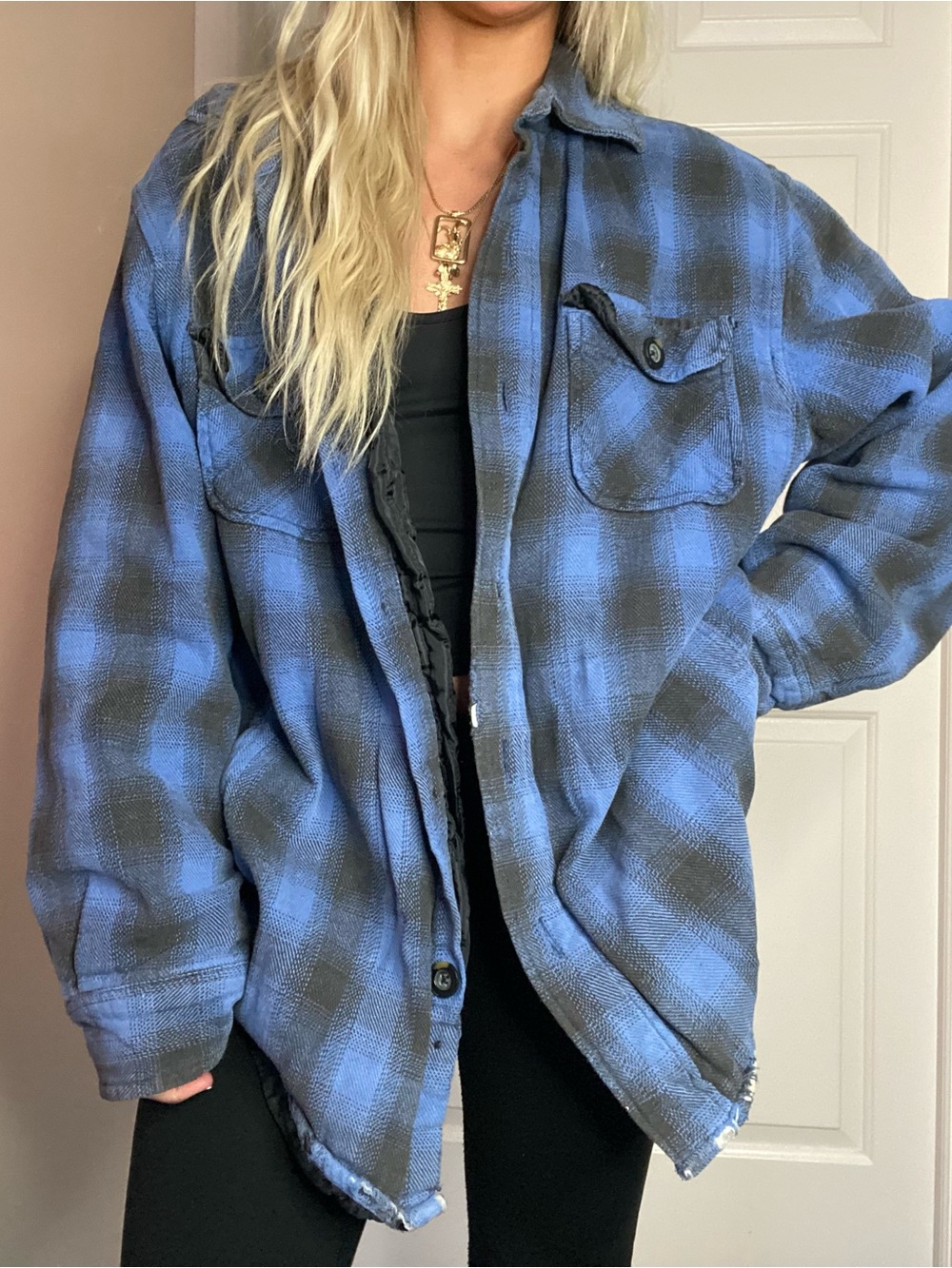 Vintage Blue and Black Plaid Button-Up Shirt Jacket